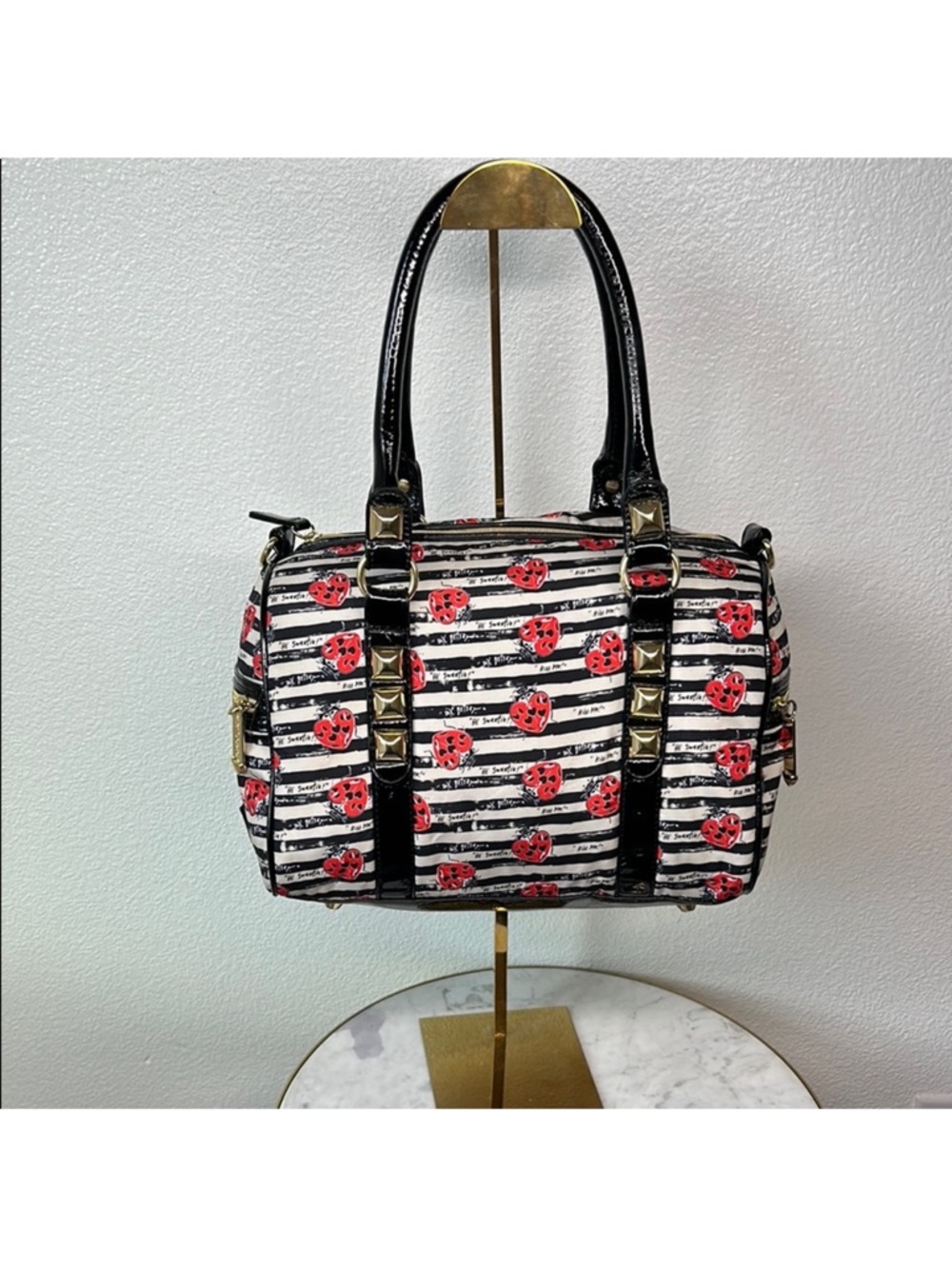 Betsey Johnson Black & White Striped Satchel with Red Ladybug Print